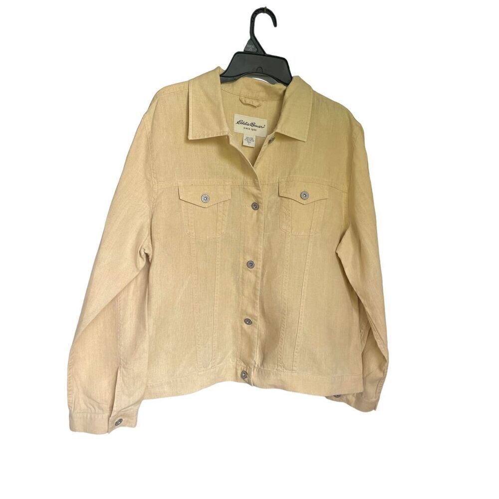 Eddie Bauer Size L Tall Lightweight Linen Yellow Button Up Shirt Jacket